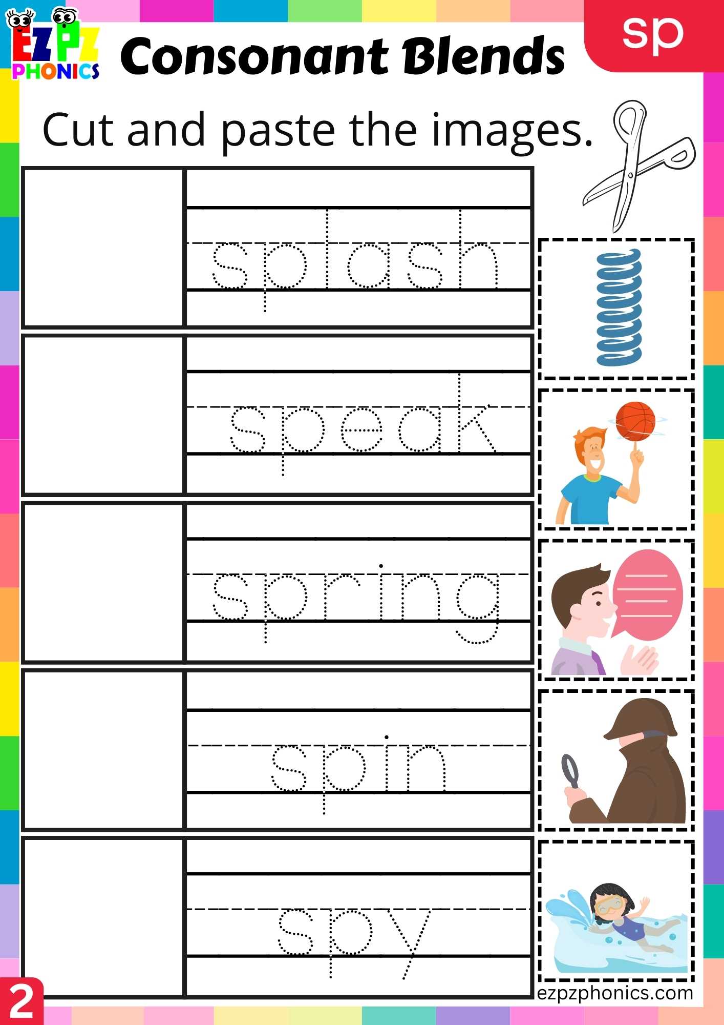 Group2 SP Words Cut And Paste The Images Phonics Consonant Blends Worksheet